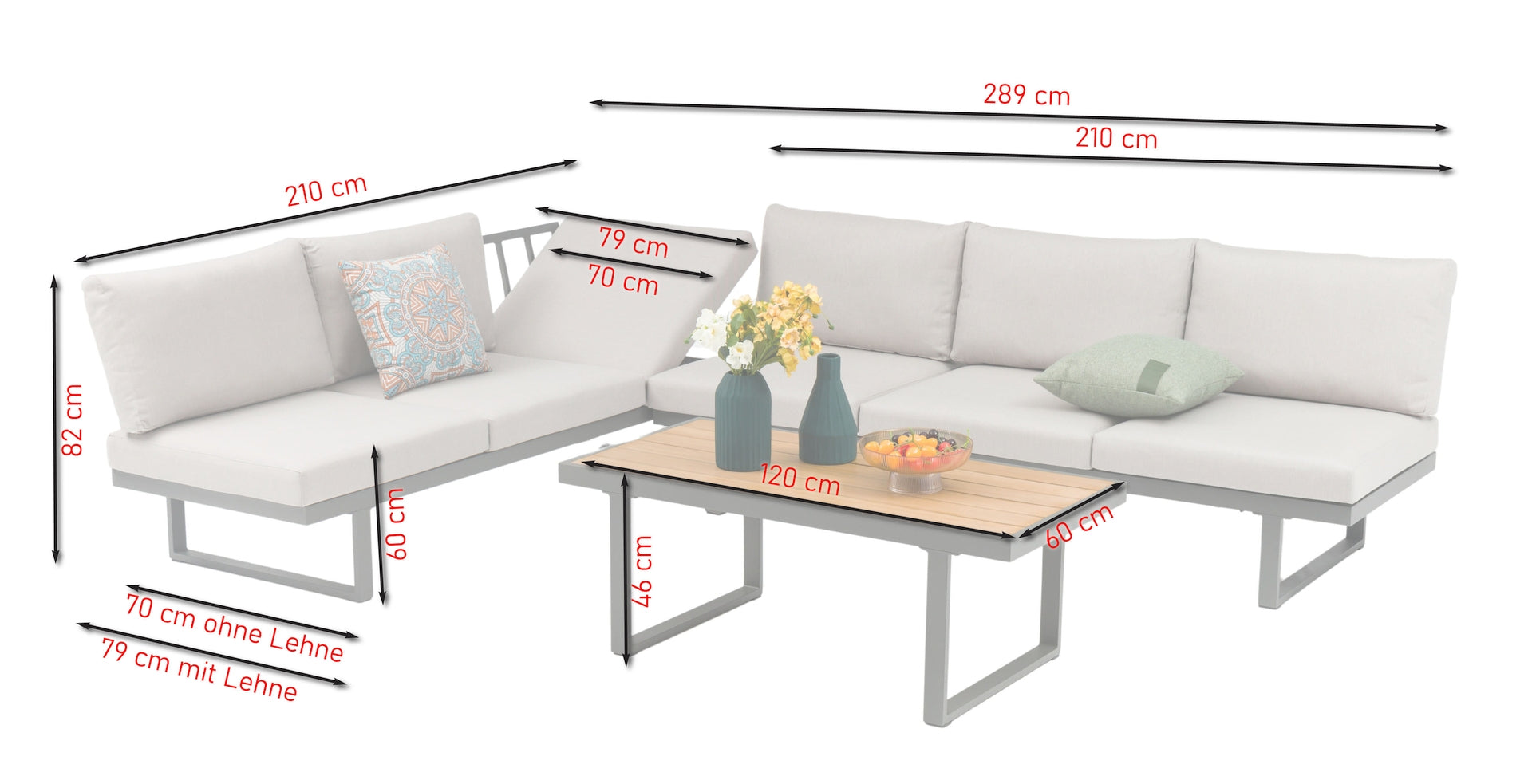 Loungegruppe Balthasar mit anthrazitfarbenem Aluminiumgestell, grau-beigen Kissen und Couchtisch mit Polywood-Lattung in Teakholzoptik.