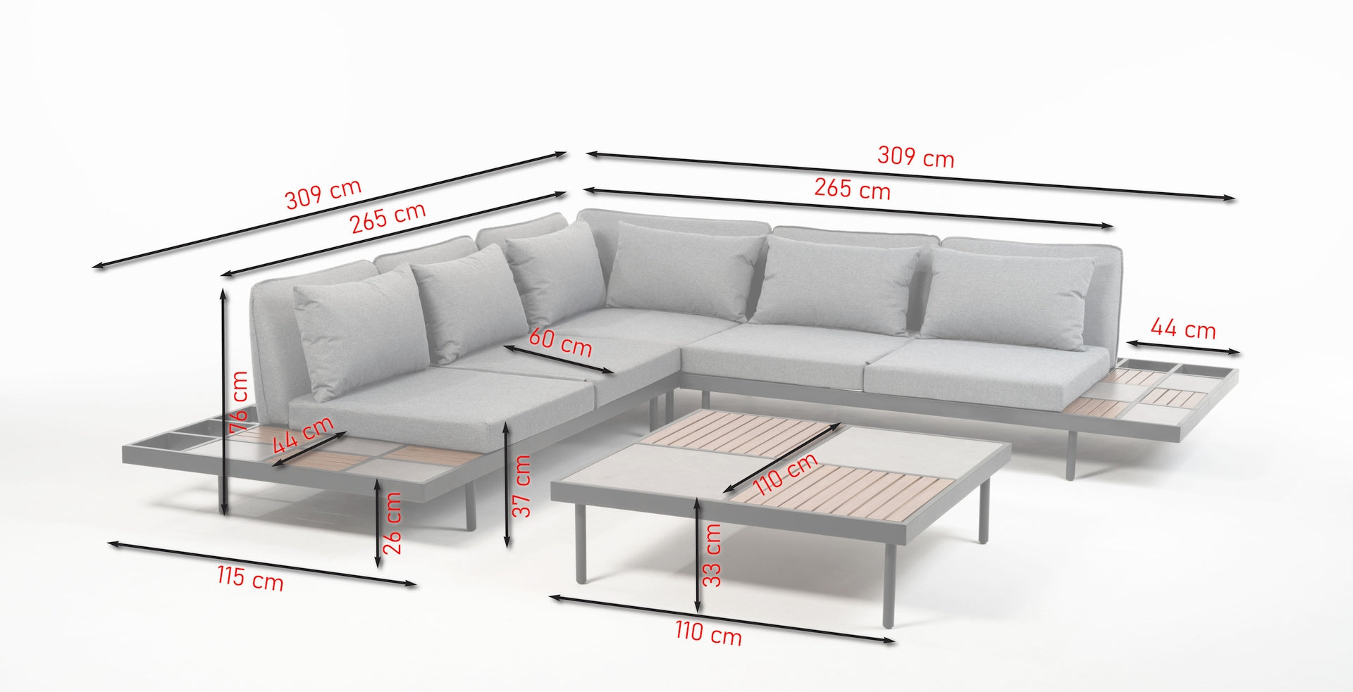 Loungegruppe Cassius mit anthrazitfarbenem Aluminiumgestell, Sinterstone- und Holzdekor-Ablagen, verstellbaren Sitzflächen und wasserabweisenden Kissen in Grau.