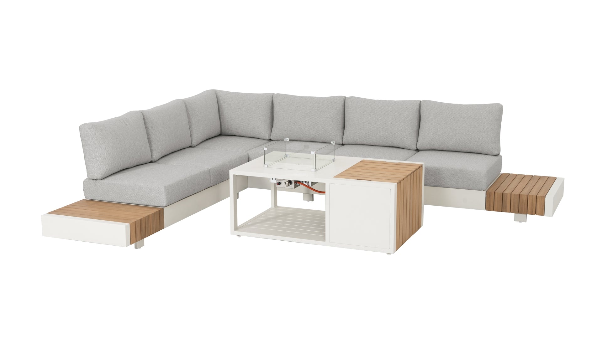 Loungegruppe Gina mit cremefarbenem Aluminiumgestell, hellgrauen Kissen, Thermoholz-Ablageflächen und Couchtisch mit integrierter Feuerstelle.