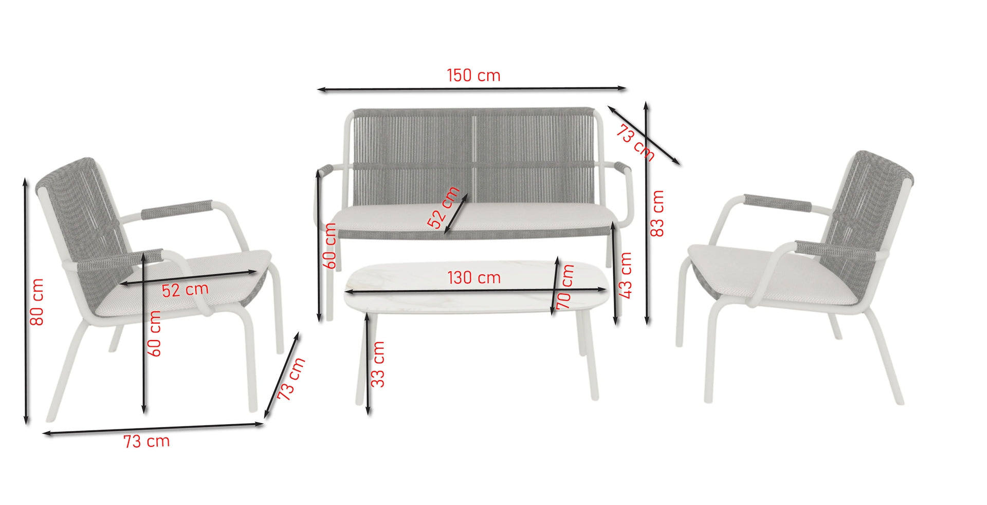 Gartenlounge Leandra in Ivory mit beigen Kissen und dunklen Textilschnüren.