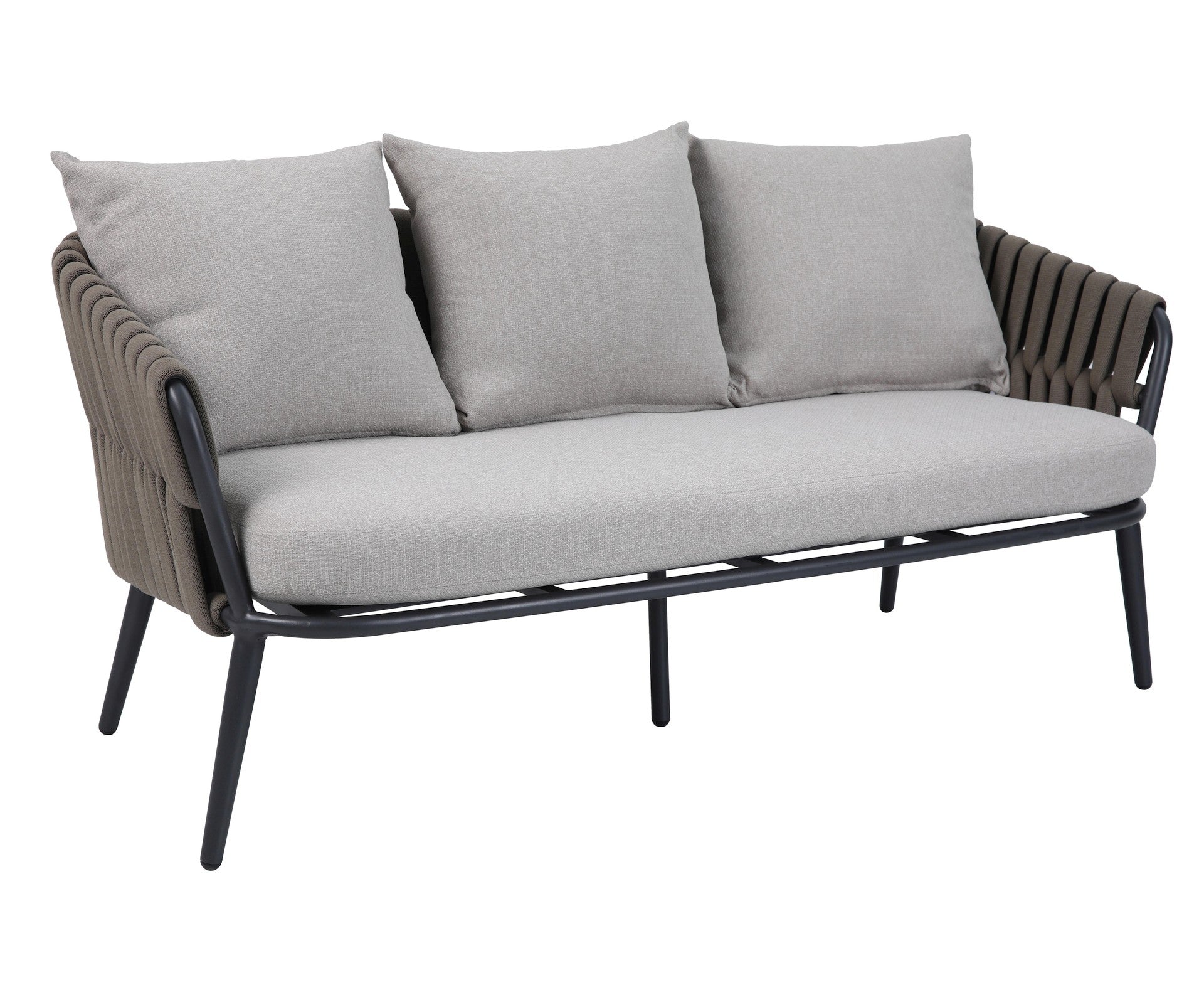 Loungegruppe Nero mit anthrazitfarbenem Aluminiumgestell, braunen Textilbändern und grauen Kissen. Moderne Outdoor-Lounge mit Couchtischen.