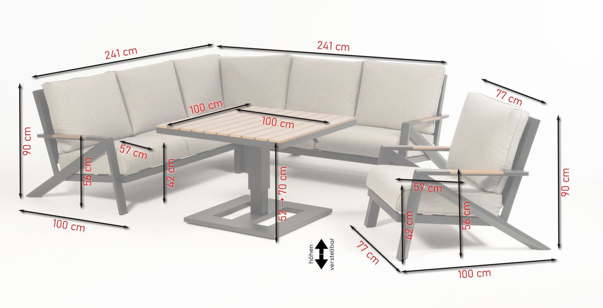 Piper Eckbankgruppe mit schwarzem Aluminiumgestell, grauen Polstern, Polywood-Armstützen und höhenverstellbarem Tisch.