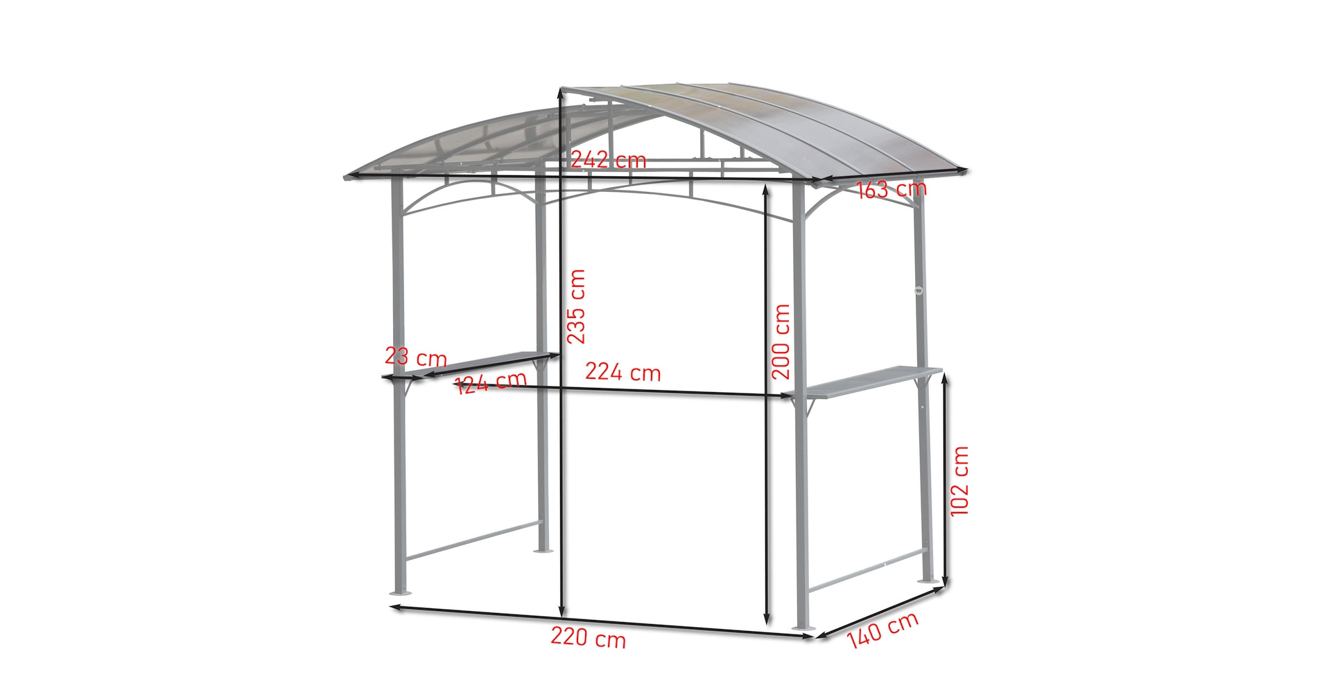 Grill-Pavillon Sven aus pulverbeschichtetem Stahl in Anthrazit mit Polycarbonat-Dach und seitlichen Ablageflächen.