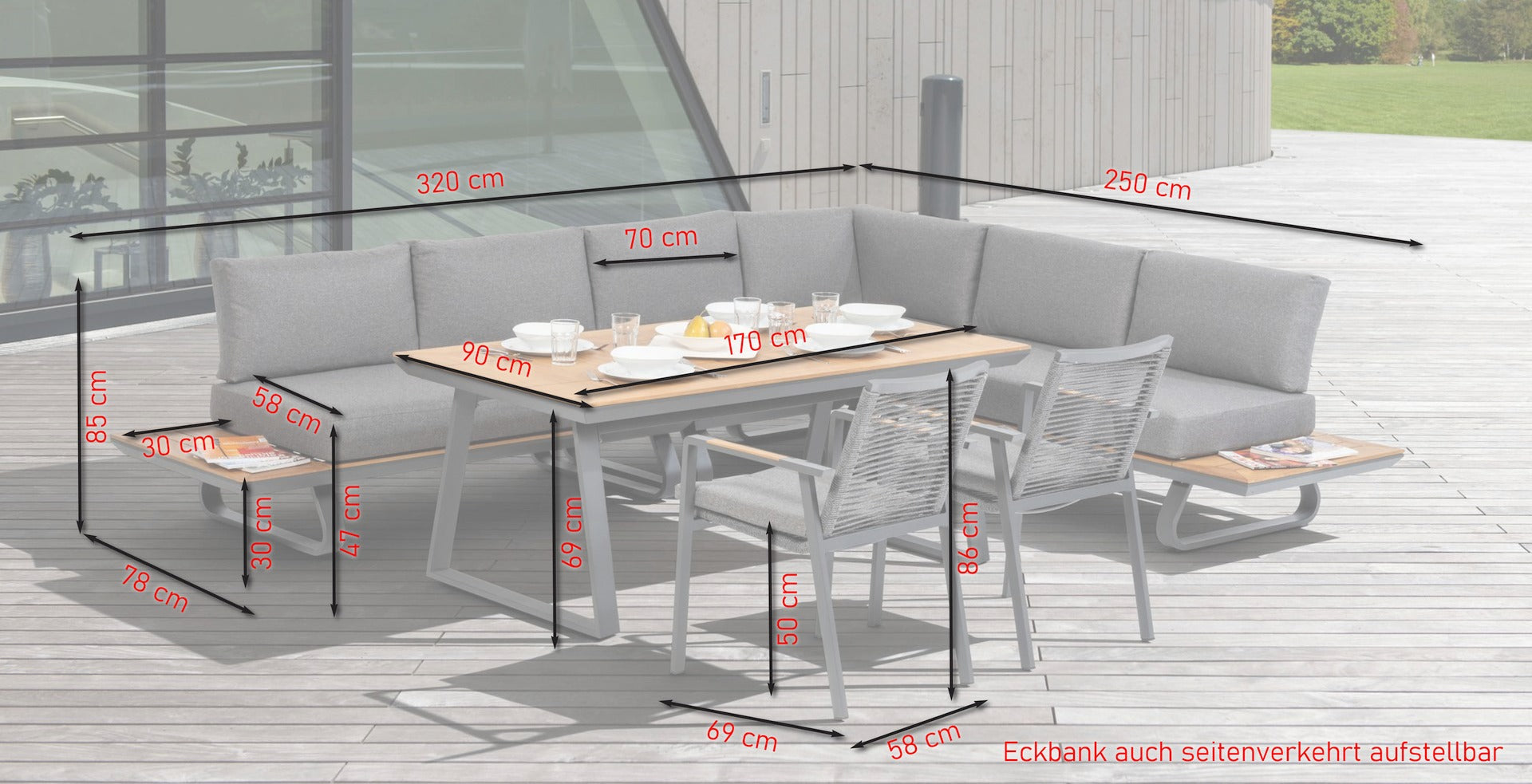 Eckbankgruppe Wayne mit Aluminiumgestell, Pinienholzdetails und grauen Textilkissen, bestehend aus Eckbank, Esstisch und Armstühlen.